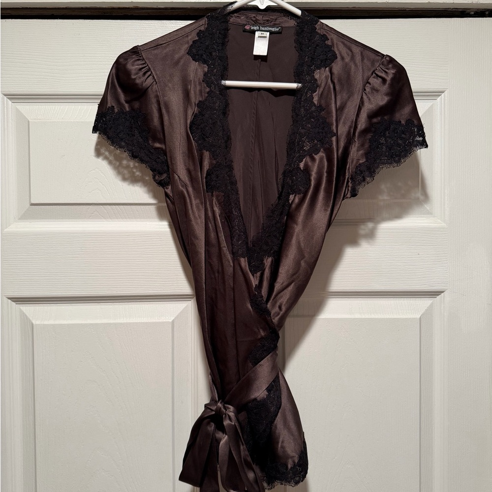 Vintage Silky Chocolate Brown Lace-Trim Wrap Top Y2K - Picture 2 of 6